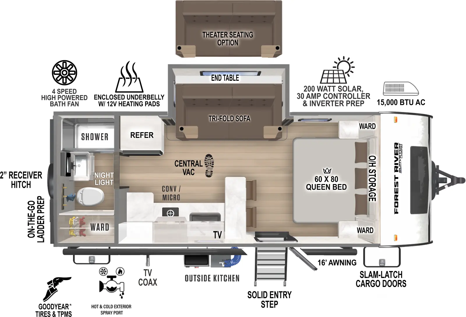 The Surveyor Legend 19SSLE floorplan has one entry and one slide out. Exterior features include: fiberglass exterior, 16' awning and outside kitchen. Interiors features include: front bedroom and rear bathroom.